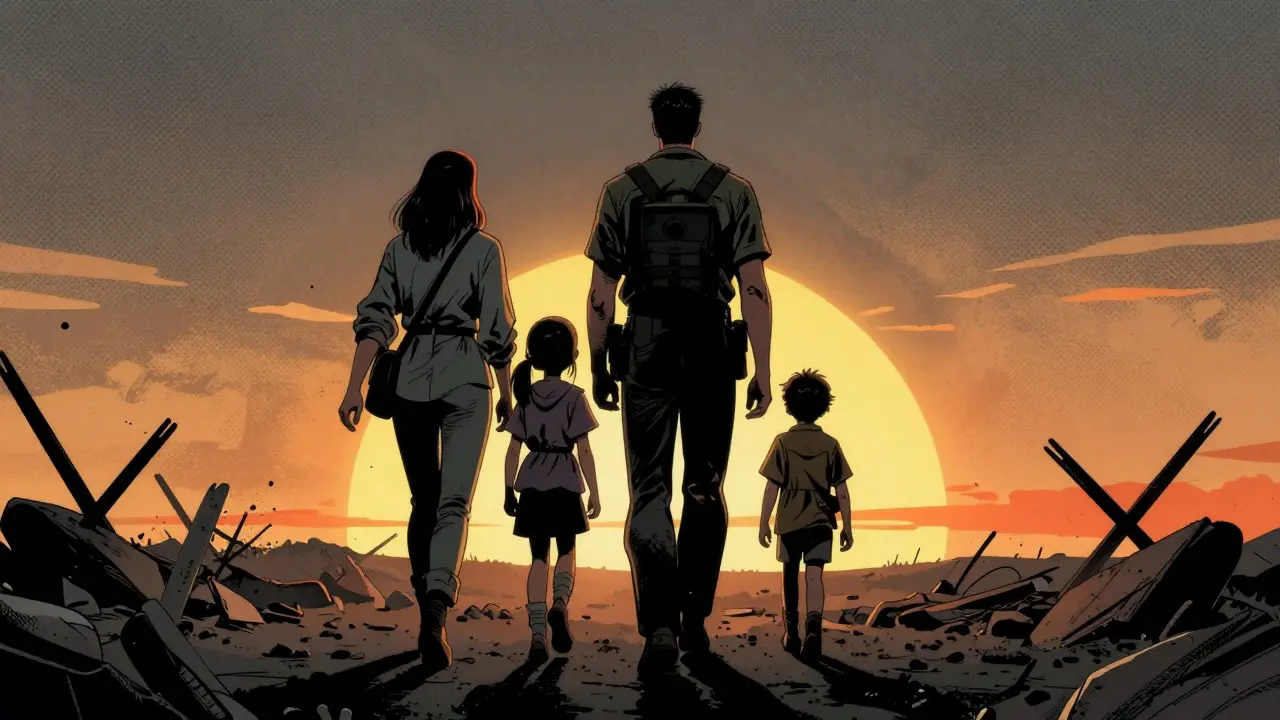 Rodina kráčející vstříc východu slunce po vít uzném vyřešení svých sporů.