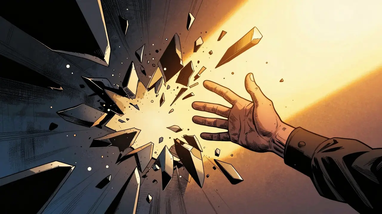 Ruka pomoci prorušující skrze střepy předsudků do světla.