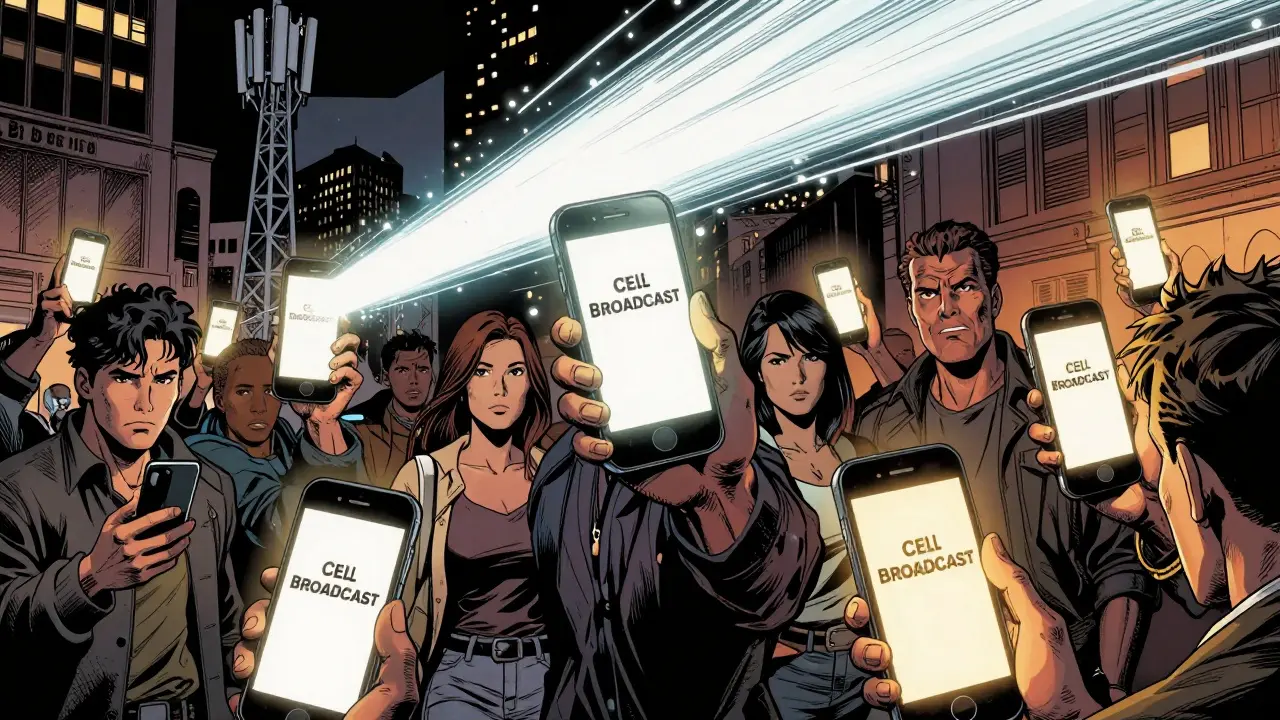 Skupina lidí v městě dostává současně varovné zprávy Cell Broadcast do telefonů.