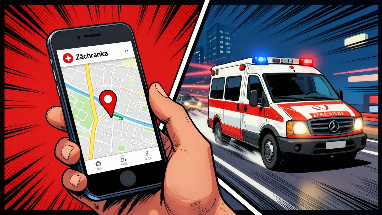 Smartphone s aplikací Záchranka a jedoucí sanitka v dynamickém rozdělení.
