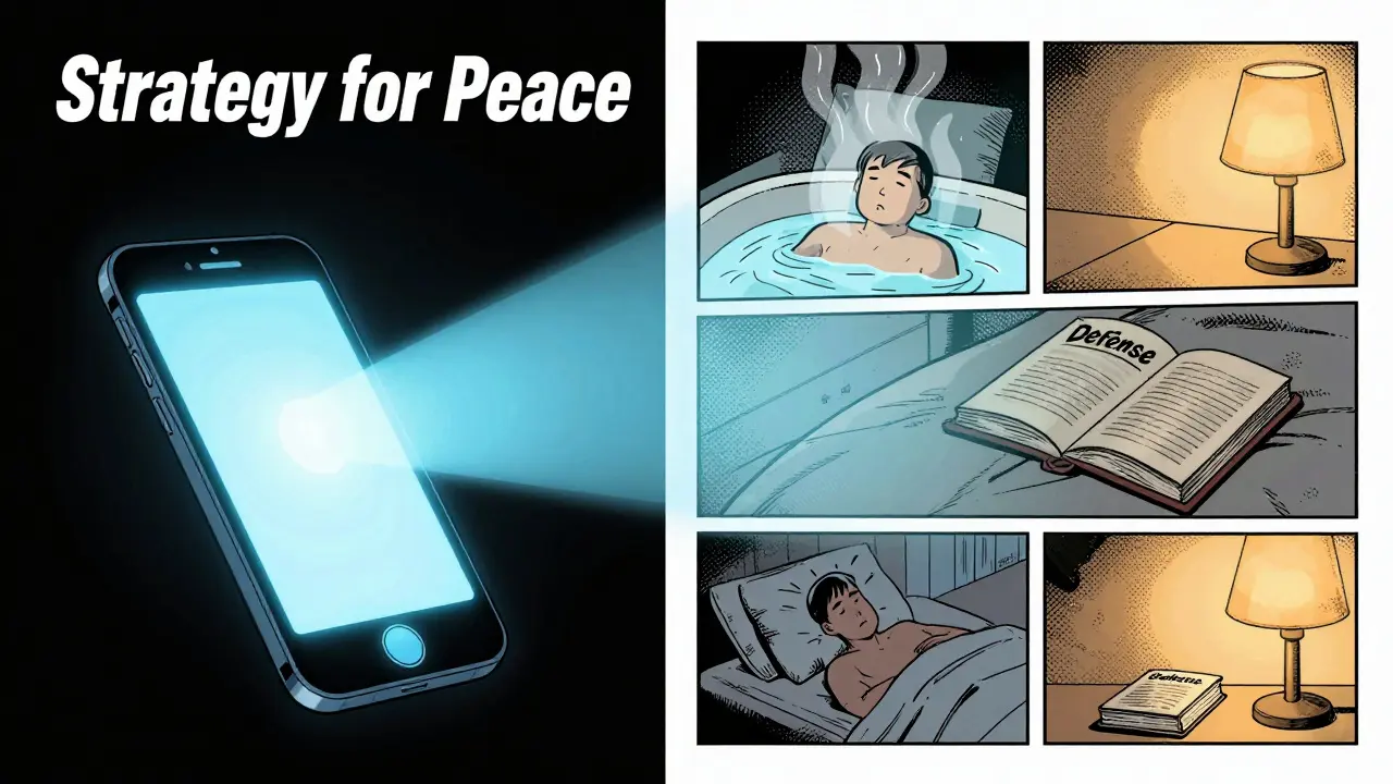 Srovnání modrého světla z mobilu a uklidňujících večerních rituálů v komiksovém stylu.