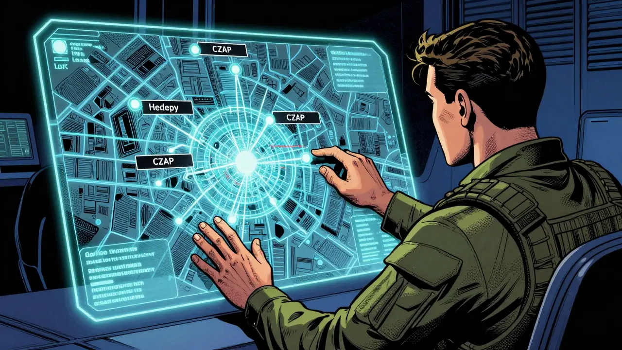 Strategické hledání certifikovaného terapeuta na mapě města v komiksovém stylu.