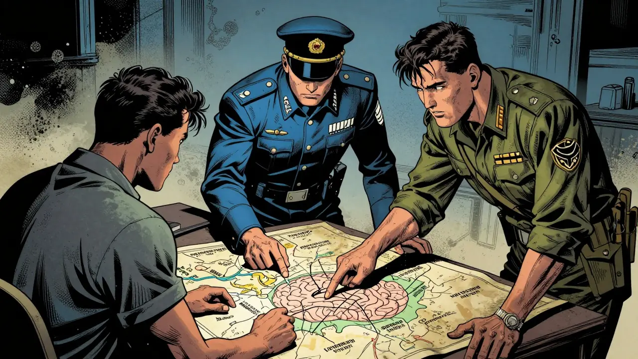 Terapeut a klient plánující cíle léčby nad mapou lidské mysli.