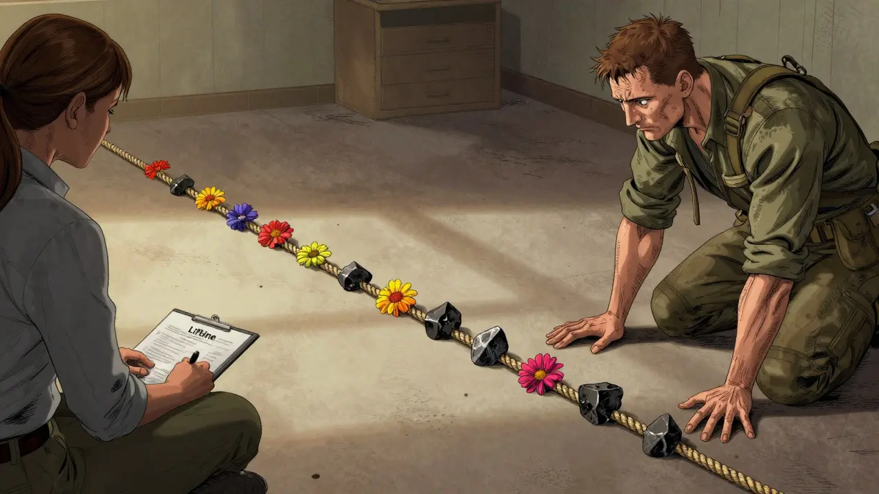 Terapeut a pacient pracují s životní linií označenou kameny a květinami.