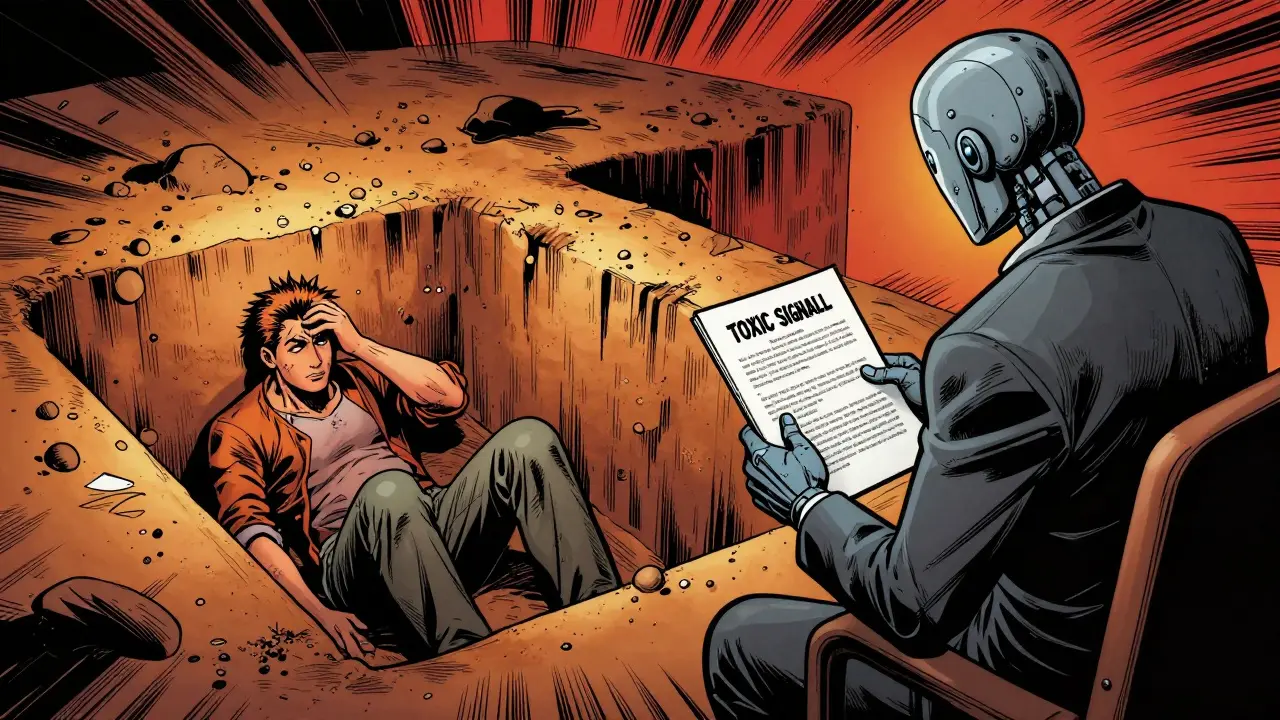 Terapeut jako rigidní velitel ignorující konkrétní potřeby klienta v komiksovém stylu.