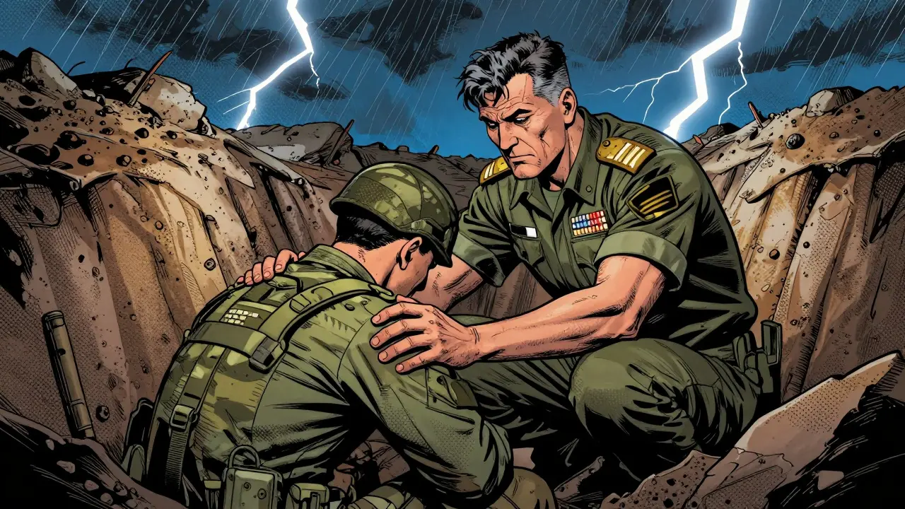 Terapeut jako velitel v zákopu poskytuje podporu znichovanému vojákovi.