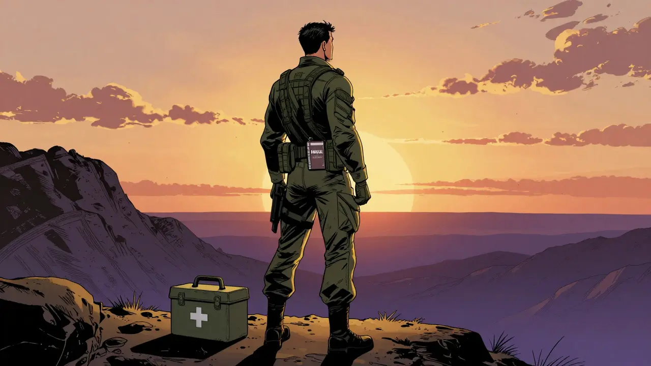 Vítězný voják s manuálem a medikací symbolizující zvládnutí ADHD.