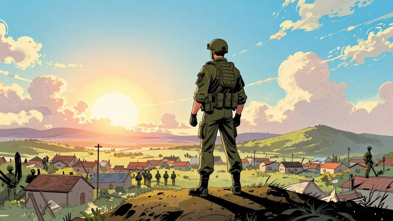 Vítězný voják v komiksovém stylu stojí na kopci a hledí na obnovenou vesnici při východu slunce.