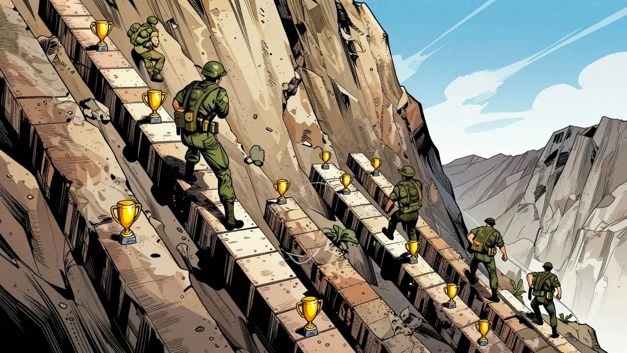 Voják energicky stoupá po skalním útesu s malými zlatými odměnami.