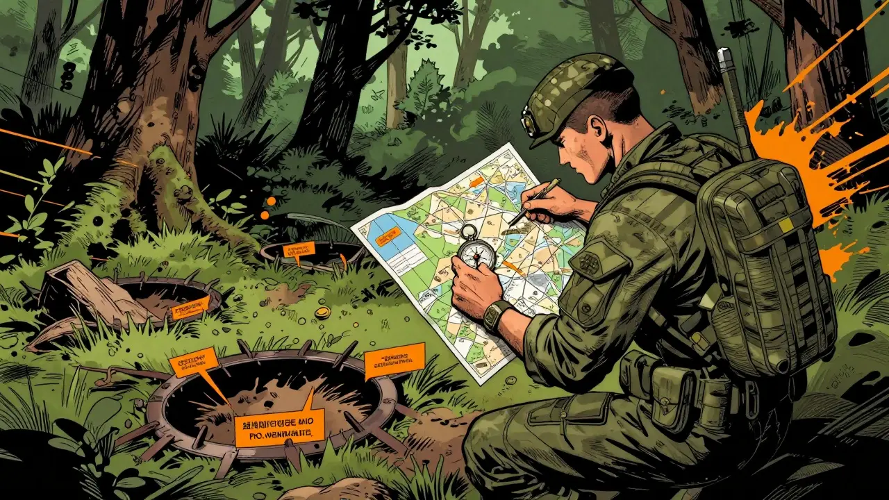 Voják v komiksovém stylu používá mapu a kompas k navigaci v nebezpečné džungli.