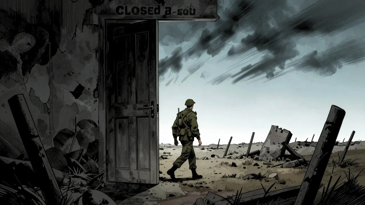 Voják zavírající dveře k bouřlivé minulosti a kráčející k světlu.