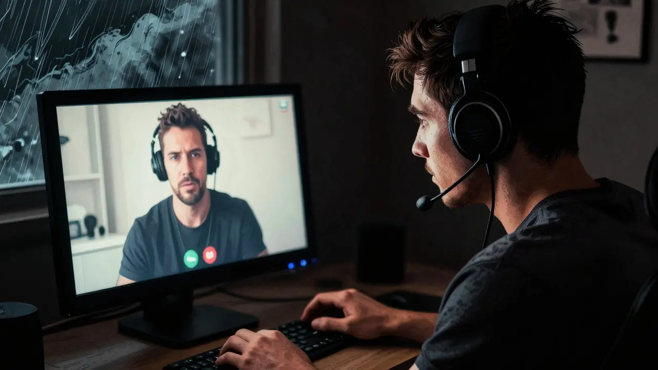Člověk na online terapii při bouřce venku
