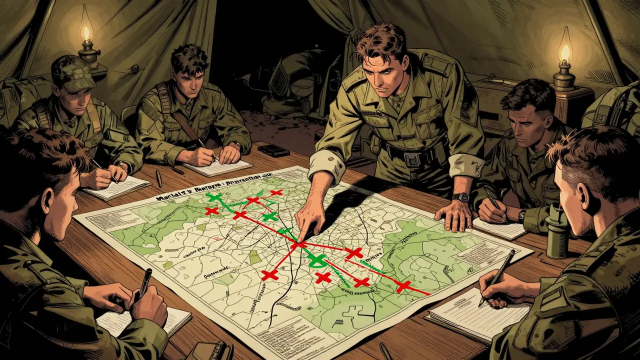 Důstojník vysvětluje strategii na mapě v příslonovém stanu