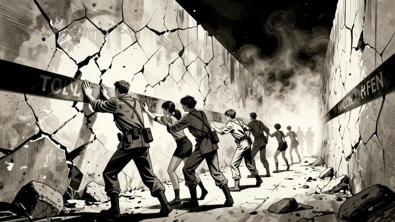 Family breaking through barriers together in war comic style