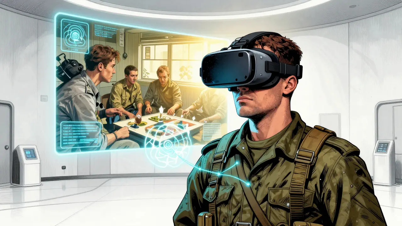 Pacient s VR brýlemi vizualizující uzdravení traumatu