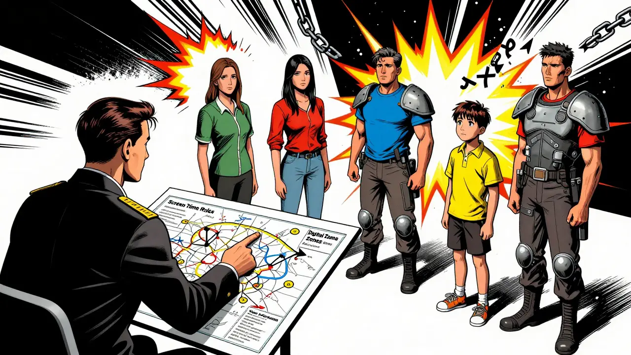 Rodina při terapii jako vojenská rada, styl válečného komiksu