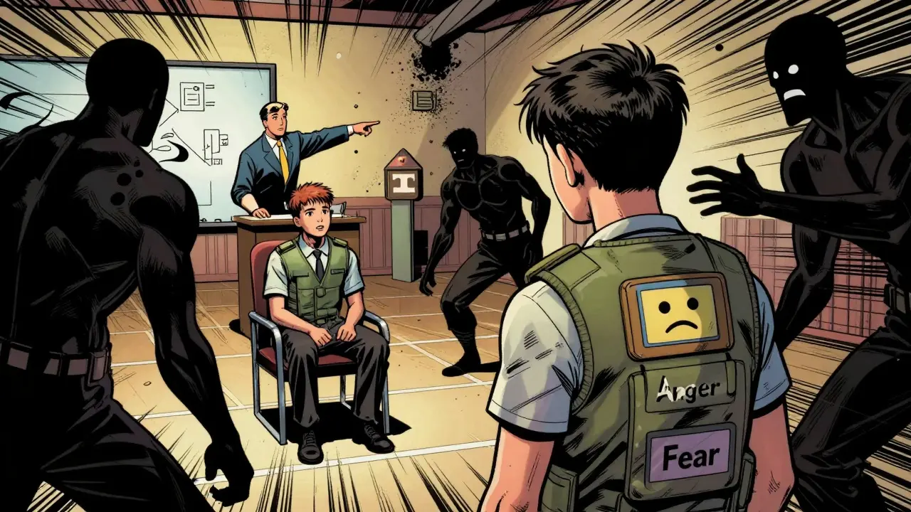 Teenager bojující proti emocím v terapii ve stylu komiksu