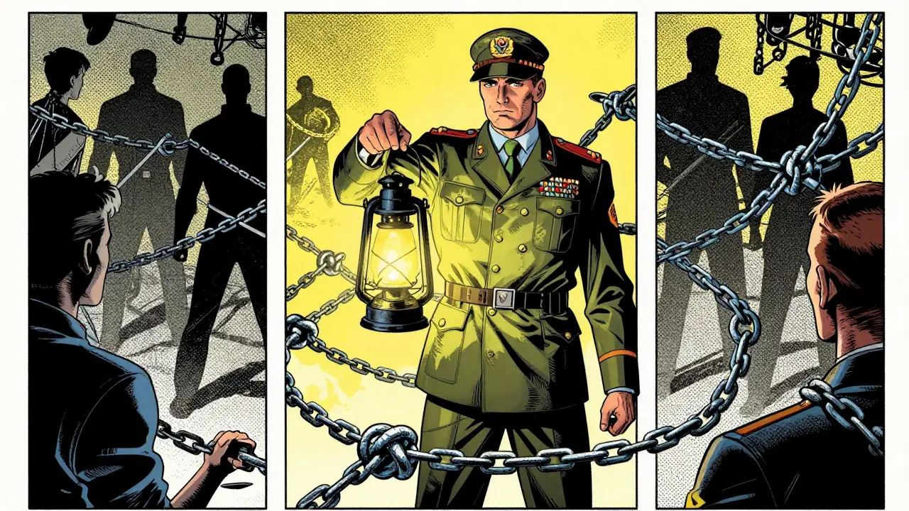 Therapist analyzing family system chains in war comic art