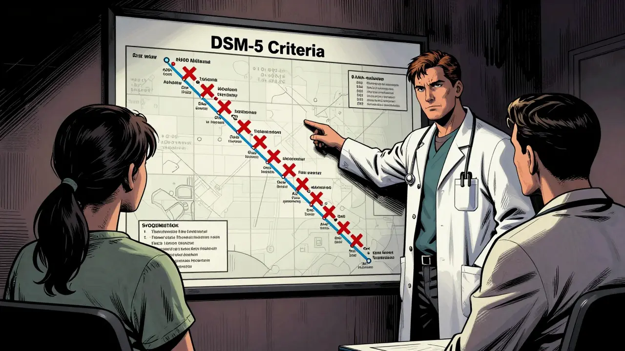 Válečný komiksový styl ukazuje psychiatra vysvětlující kritéria DSM-5 na taktické mapě diagnostického procesu.