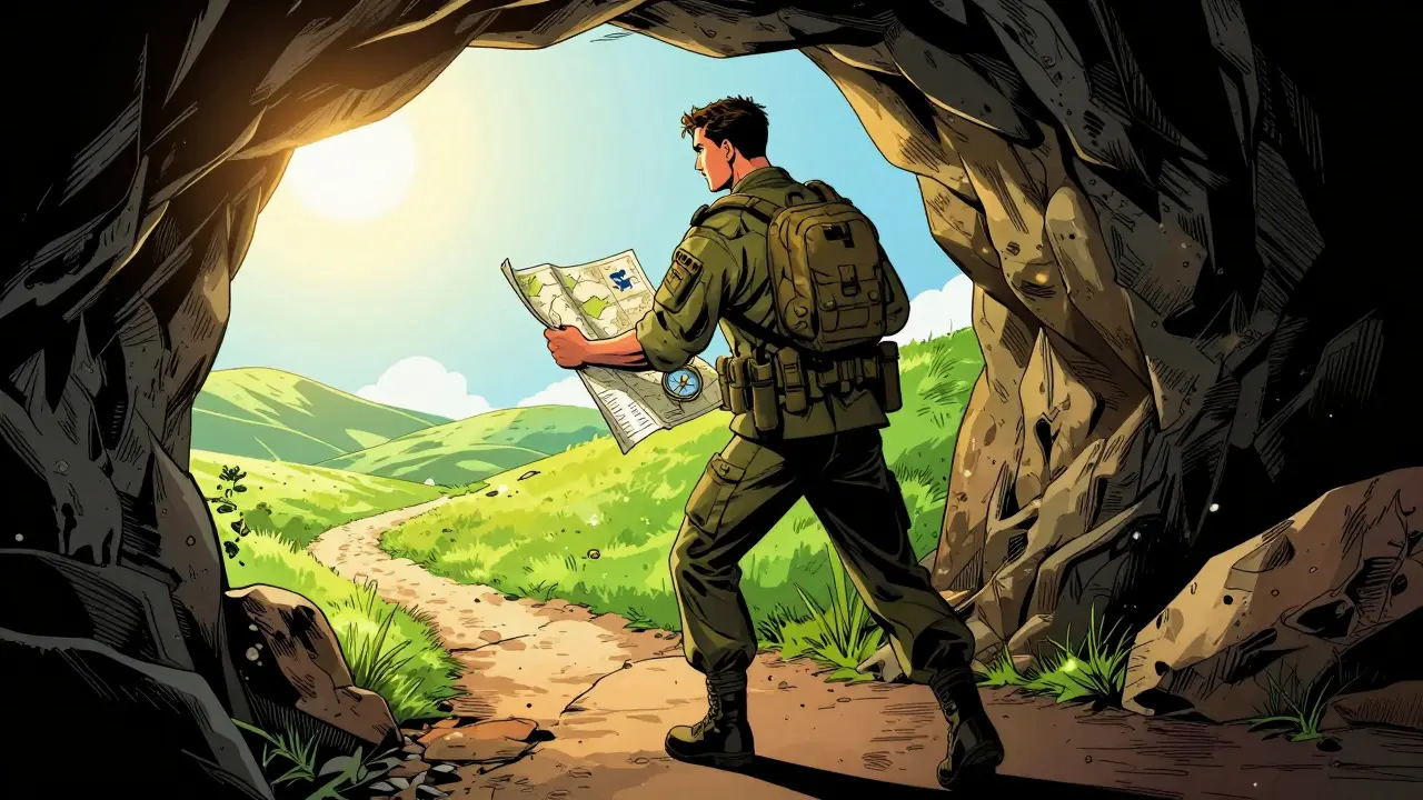 Voják kráčí do slunce s mapou, představující sílu a nezávislost po terapii.