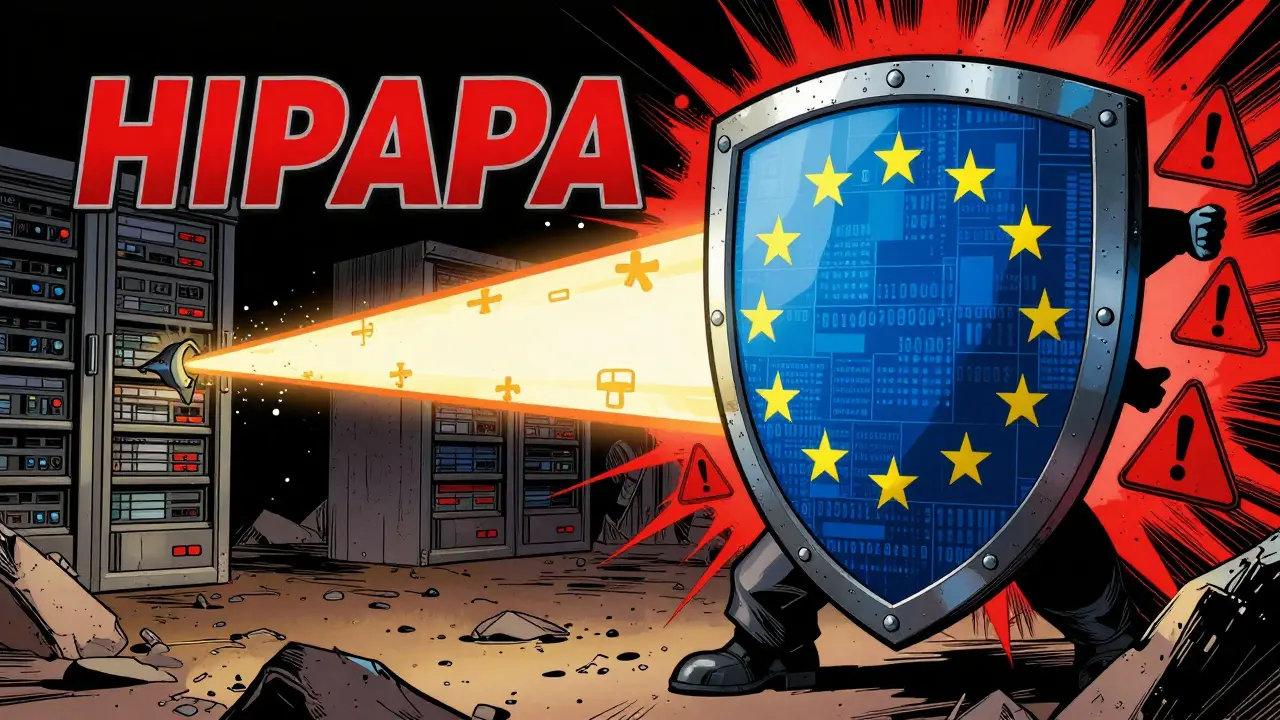 Konceptuální bitva mezi štíty HIPAA a GDPR v komiksovém stylu