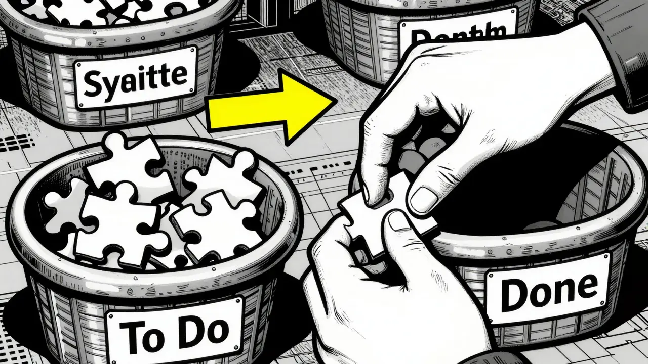 Pracovní systém s košíky na úkoly ve stylu komiksu