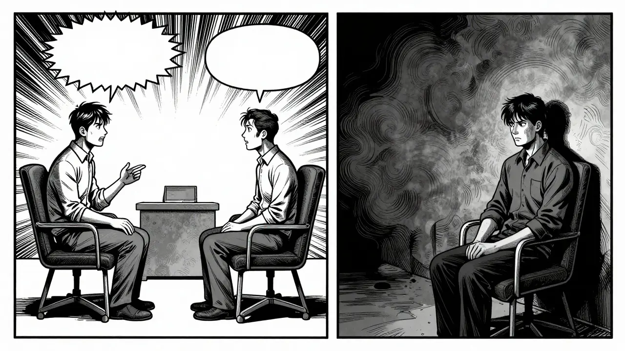 Rozdělená scéna společného a individuálního sezení ve stylu war comics