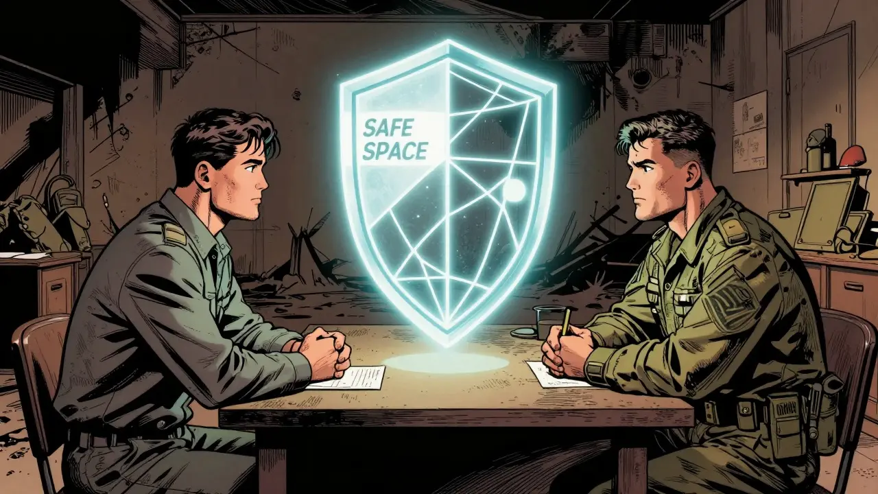 Terapeut a klient budují světelný štít důvěry v komiksovém stylu