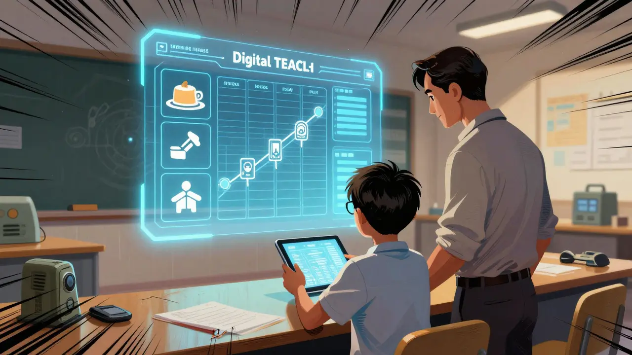 Učitel a žák používají digitální vizuální harmonogram