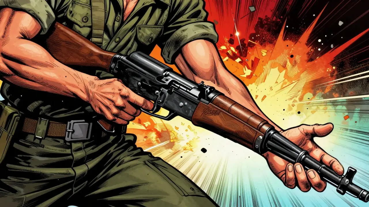 Ilustrace uvolňování svalového napětí ve stylu válečného komiksu