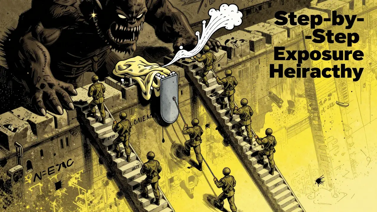 Postupné vystavování změně znázorněno jako vojenský útok na pevnost úzkosti v komiksovém stylu.