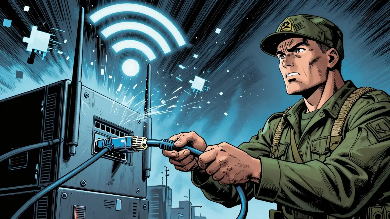 Připojení ethernetového kabelu pro stabilní spojení ve stylu válečného komiksu