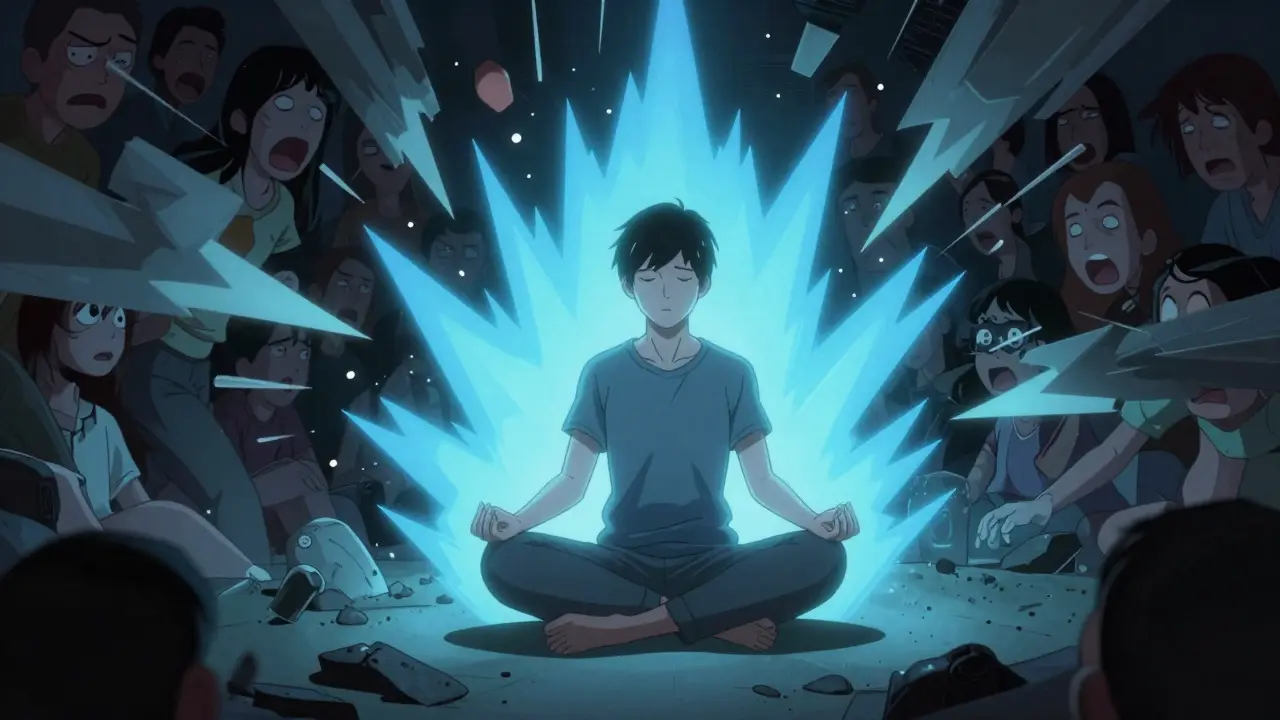 Rodič používající mindfulness jako štít proti chaosu, komiks