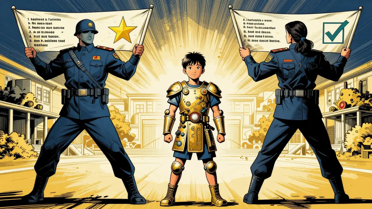 Rodiče a učitelé podporují dítě s ADHD jako spojenci v komiksovém stylu