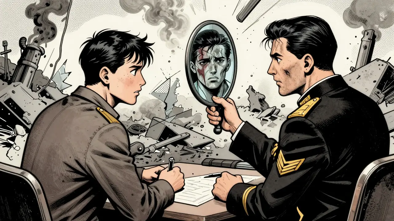 Terapeut a pacient jako velitelé na bojišti emocí v komiksovém stylu