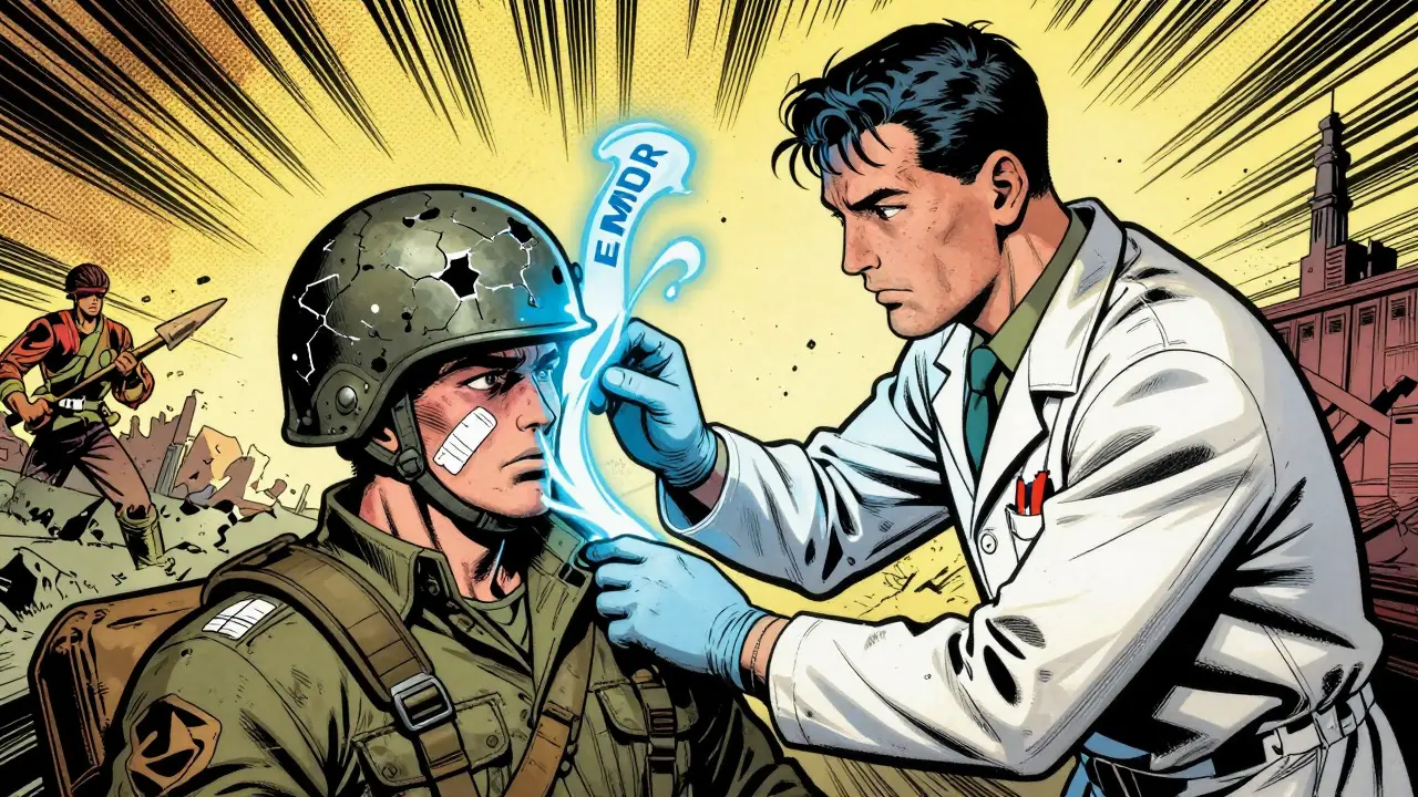 Terapeut jako sanitář léčící trauma pomocí EMDR ve válečném komiksu