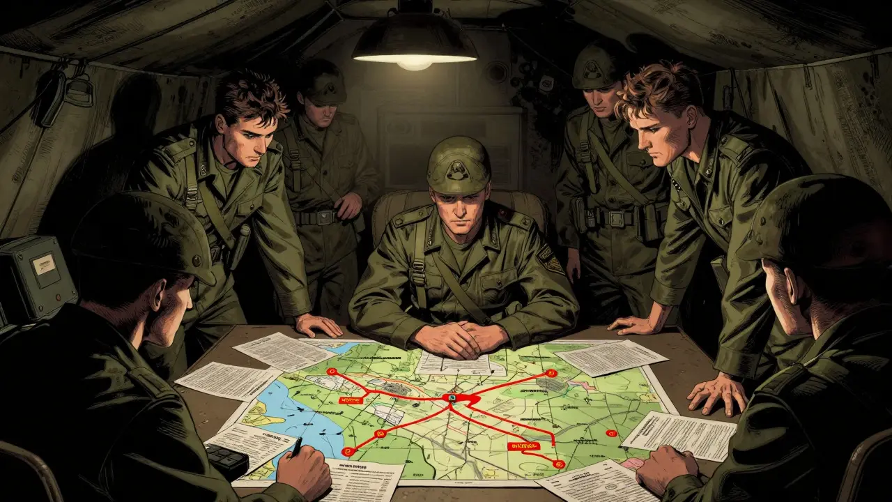 Vojáci plánují strategii na mapě v tmavém stanu