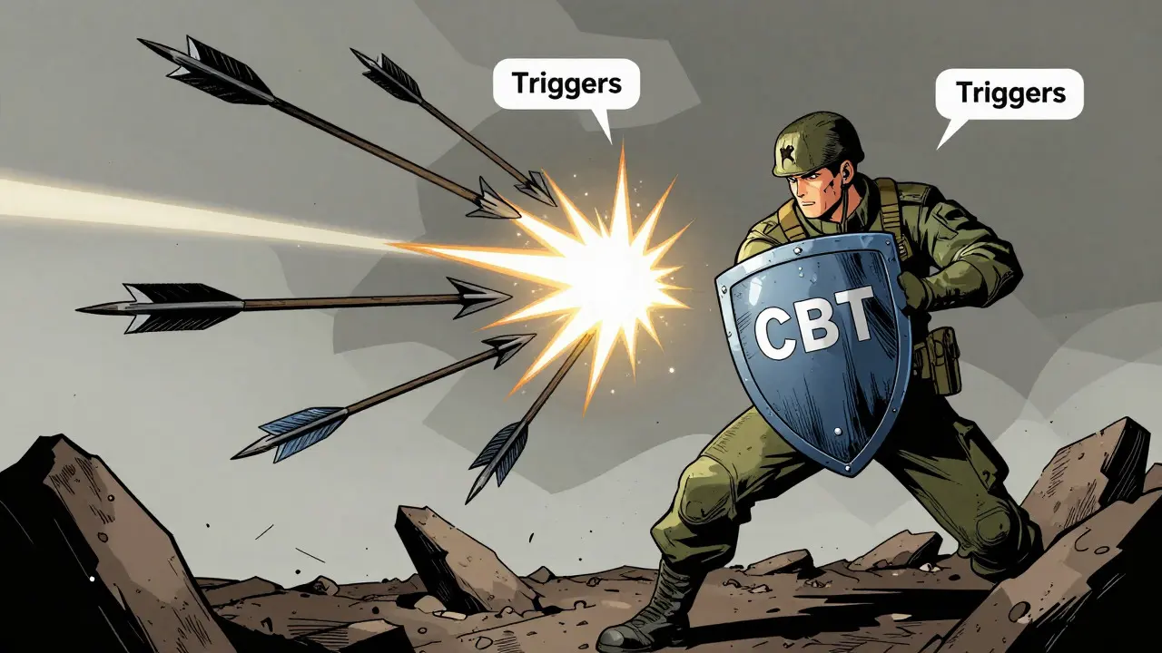 Voják blokuje šípy spouštěčů štítem KBT mezi zříceninami ve stylu komiksu.