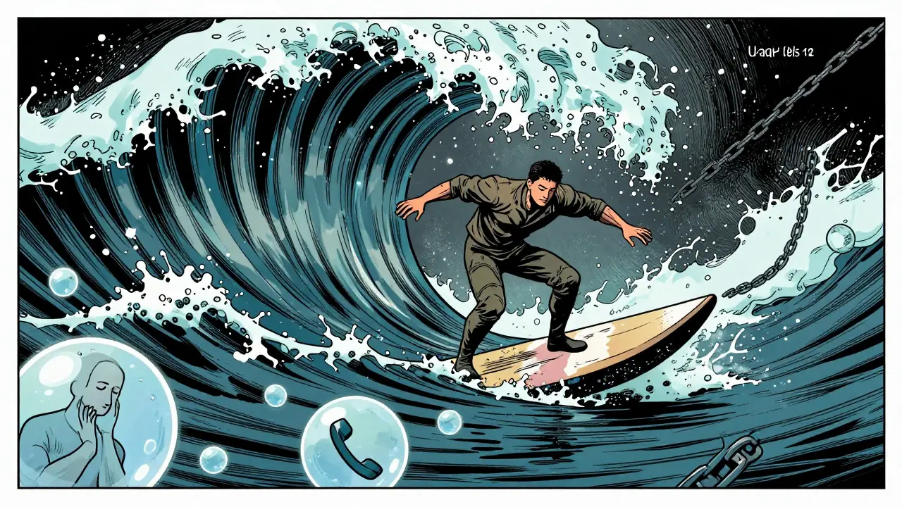 Voják surfuje na vlně touhy, ilustrující techniku urge surfing ve stylu komiksu.