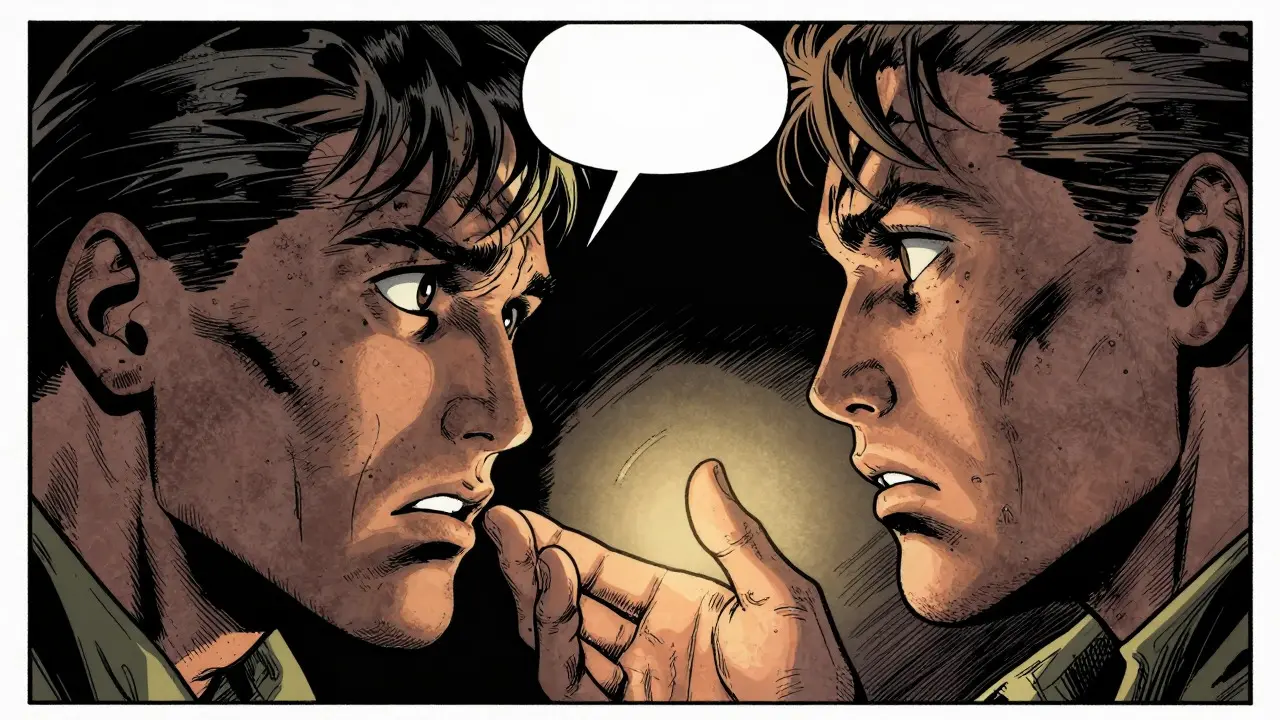 Dramatická scéna v komiksovém stylu ukazující empatické naslouchání mezi dvěma lidmi