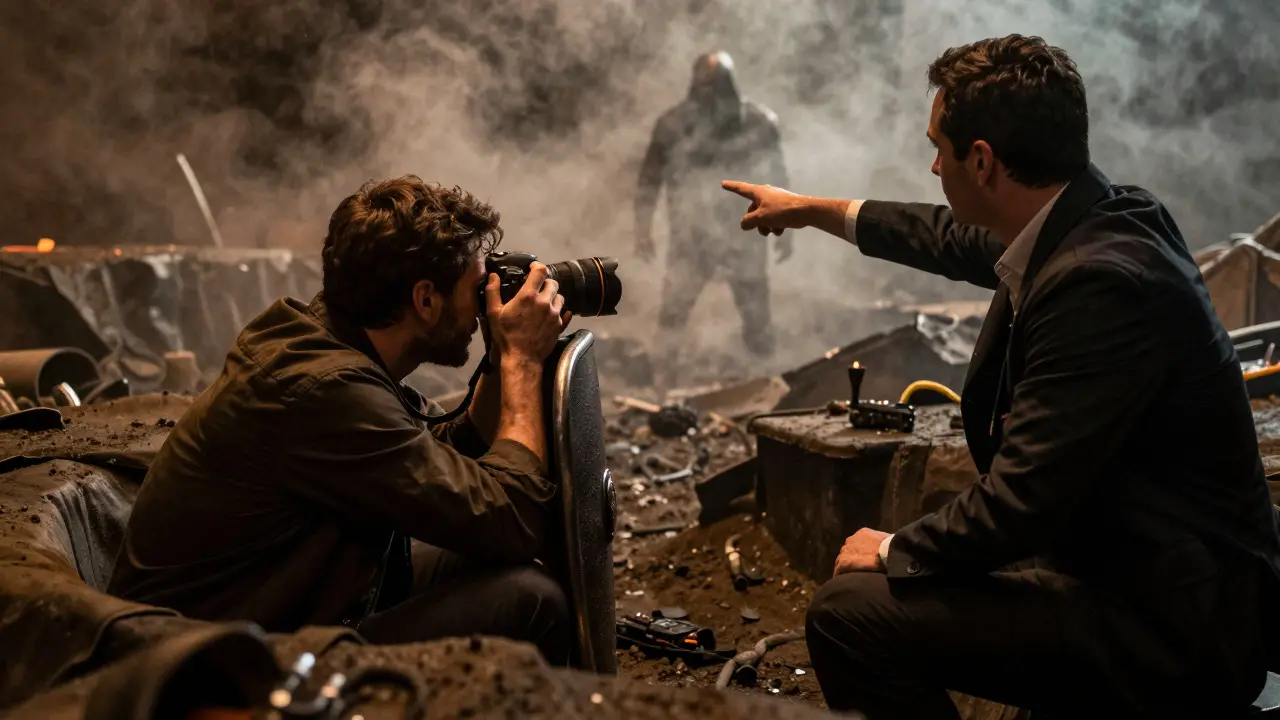 Klient s fotoaparátem jako štítem v příkopu s terapeutem