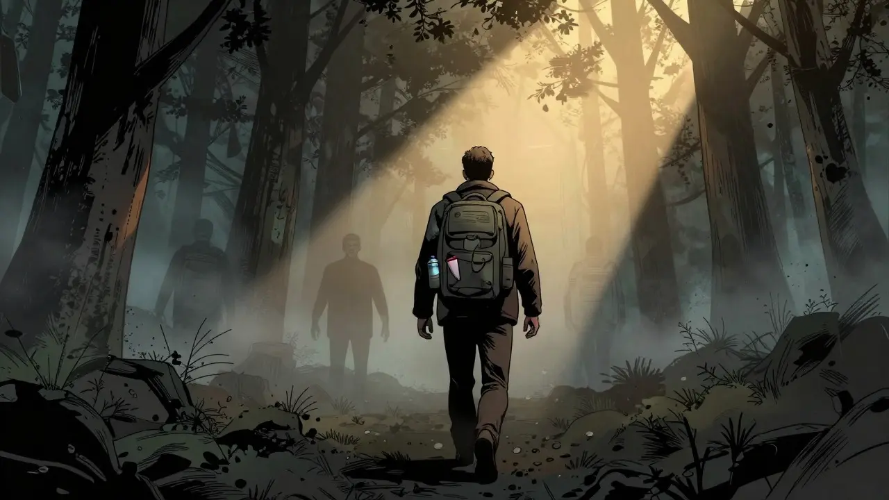 Osobnost procházející tmavým lesem s nádechem naděje v komiksovém stylu