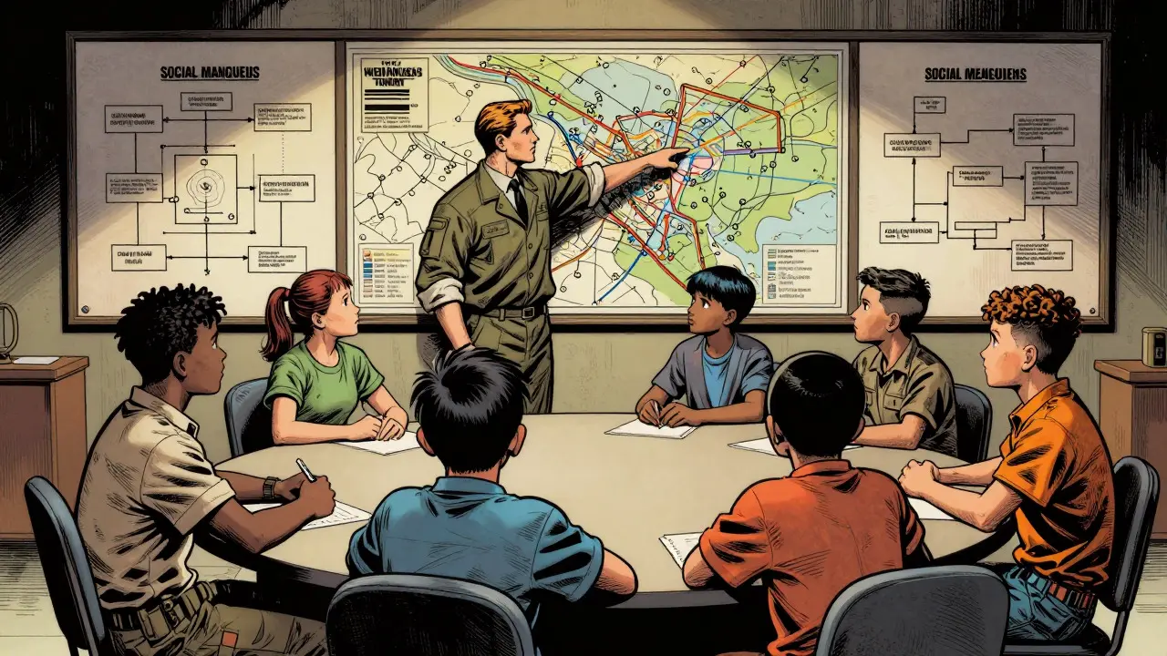 Skupinová terapie zobrazená jako strategická poradna, komiks
