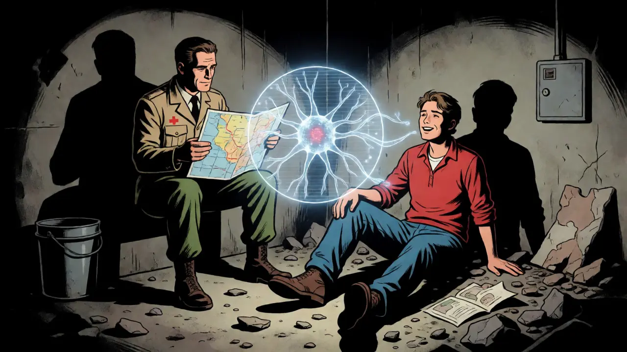 Terapeut a klient v bunkru mysli s holografickým zobrazením neuronu, ilustrace terapie traumatu.