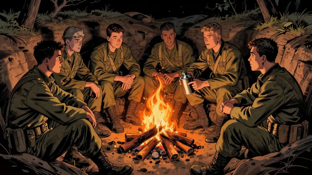 Vojaři u táborového ohně sdílejí podporu v komiksu