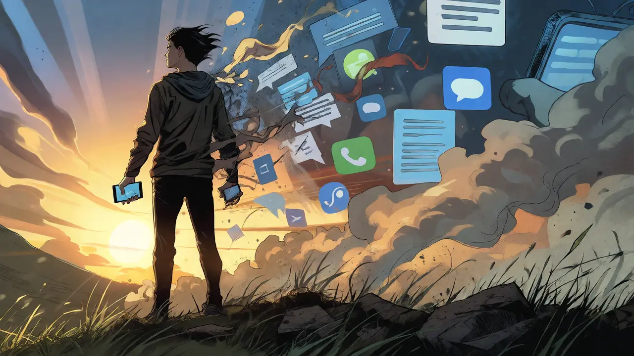 Člověk stojící v úsvitu s telefonem v ruce, symbolizující digitální detox.