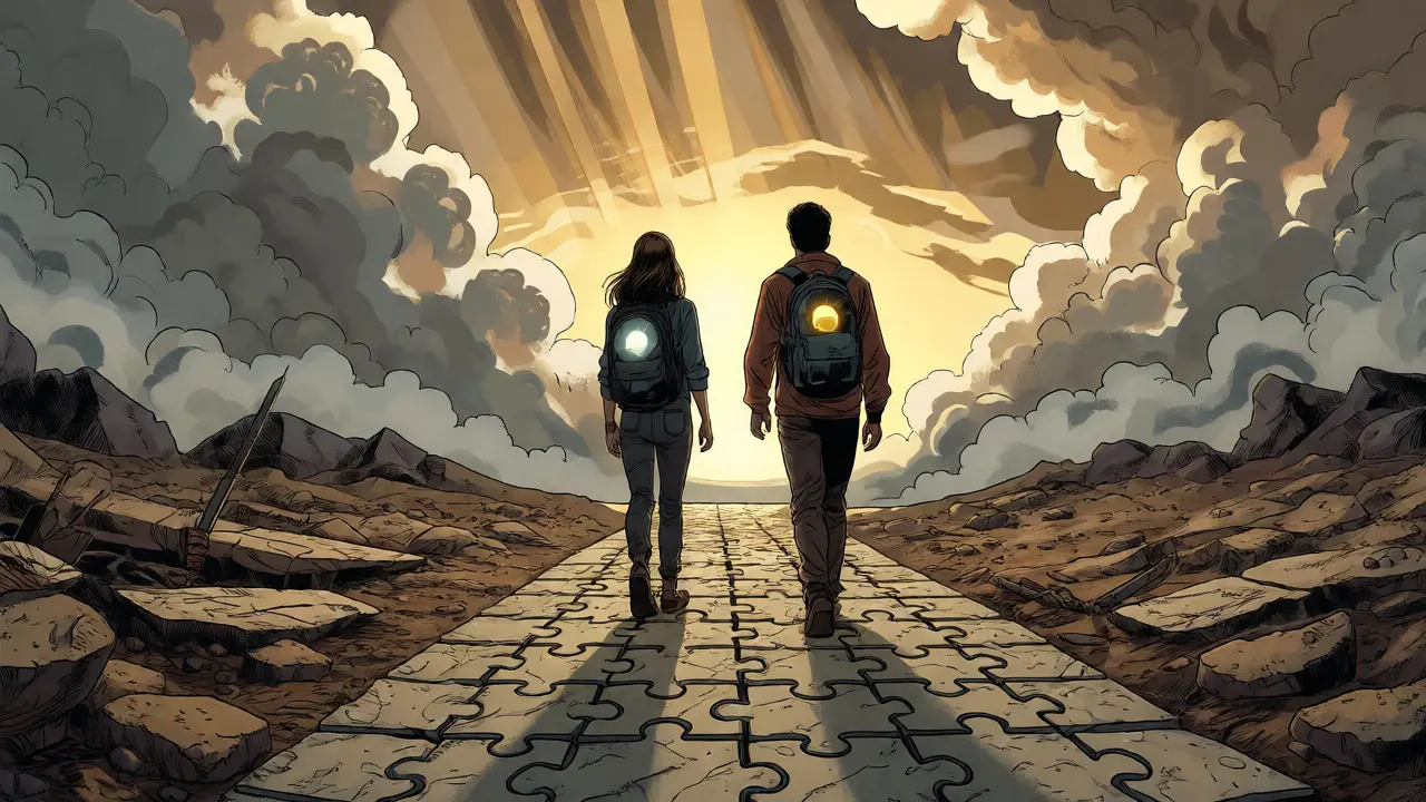 Couple walking from a war-torn landscape toward a hopeful sunrise, representing healing.