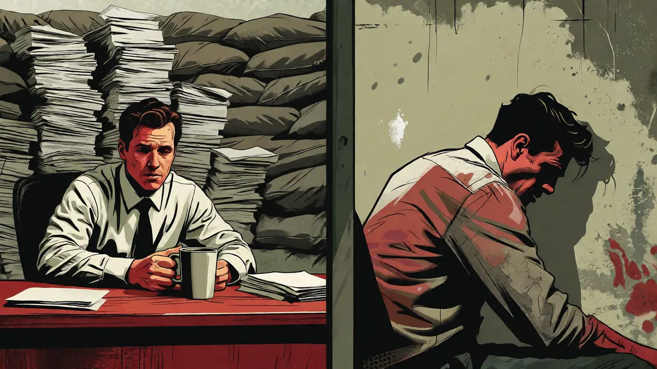 Ilustrace syndromu vyhoření jako boje v zákopu, s postavou přemoženou stresem.