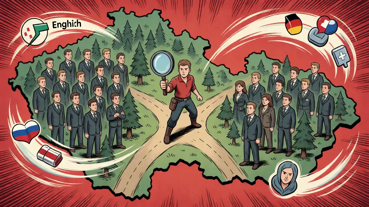 Komiksová scéna hledání vhodného terapeuta mezi mnoha jazykovými bariérami.