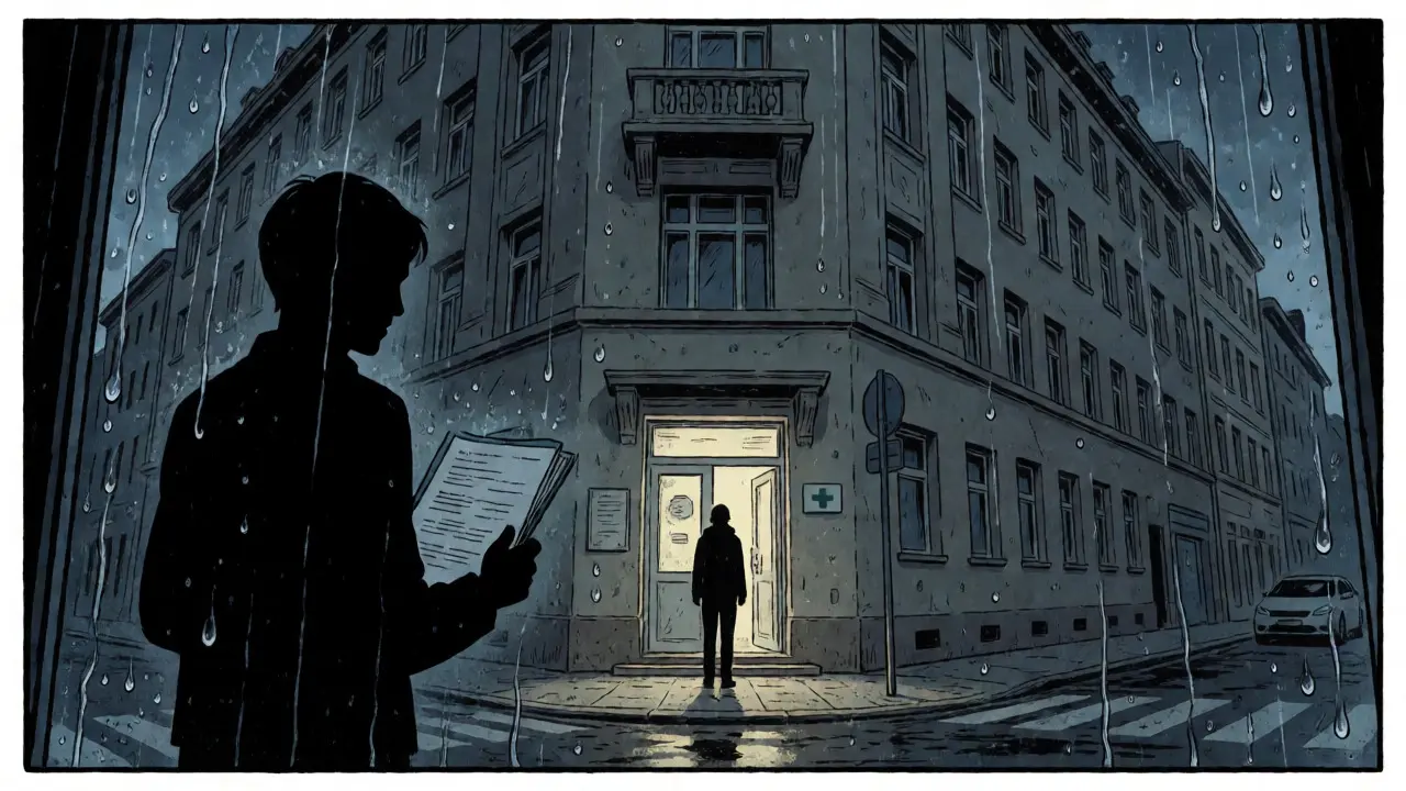 Postava stojící před klinikou v deštivém prostředí Prahy